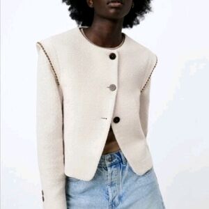 Zara Cream Textured Jacket with Embroidery Accents...SIZE:S